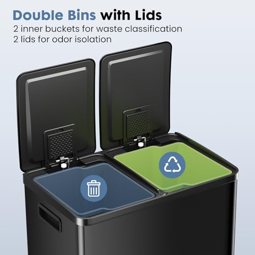 Image of DUMOS Kitchen Trash Can, 2x8-Gallon Dual Trash Can with Lid, Stainless Steel Garbage Bin with 2 Removable Inner Buckets, Soft-Close Foot Pedal for Kitchen, Home, Office, Glossy Black