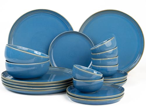 Image of Bodhi House Handcrafted Chip Resistance Porcelain Dinner Set, 20 Pieces Dish Set Serving for 6, Microwave and Dishwasher Safe, Bone-ash Free, Crockery Set for Dining and Gifting, Mid Blue
