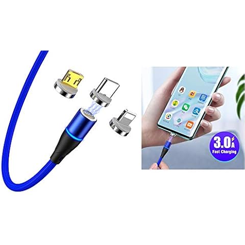 technoplay 3 in 1 LED Magnetic Charging Cable QC 3.0A 7 pin Multi Magnetic data transmission Cable Nylon Braided, Fast Charger compatible with iphones and android Devices= Micro USB/Type C/Phone/8Pins Cover