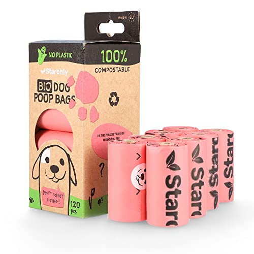 Starchly Sacchetti per cacca compostabili per rifiuti di cani ecologici a prova di perdite, 120 sacchetti (8 rotoli da 15), rosa, sacchetti cane, sacchetti cane cacca biodegradabili
