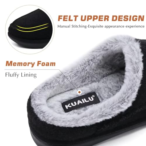 Image of KuaiLu Mens Clog Slippers with Comfy Arch Support Orthotic Plantar Fasciitis Memory Foam Slippers for Men Winter Fluff Faux Fur Slip on Felt Houes Shoes Hard Rubber Sole Black Size 7