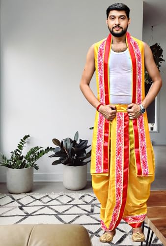 Image of Men's Ethnic | Traditional Ready to wear (Pant System) Readymade Panchakacham Dhoti With Angavastram(Towel) Set, Tassar Silk, Free Size (GC002)