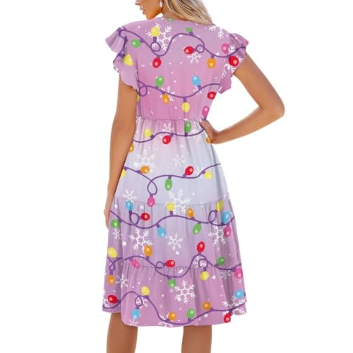 Image of Women's Casual Ruffle Sleeve Dress V Neck Pullover Dress Flowy A-Line Pleated Lightweight Dress with Pockets