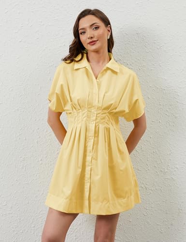 Image of calbatic Women Button Down Pleated Shirt Dress Striped Short Sleeve Summer Business Casual Flowy Mini Short Dress Yellow