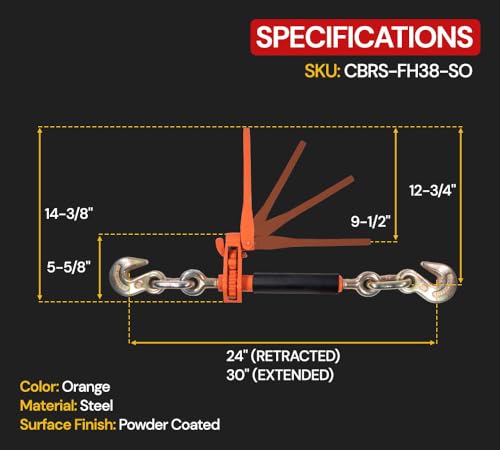 Image of Mytee Products 8 Pack 3 /8 inch - 1 /2 inch Hi-Viz Orange Quick Folding Handle Ratchet Load Binder with Grab Hook 12,000 lbs WLL | Tie Down Hauling Chain Binders for Flatbed Truck Trailer