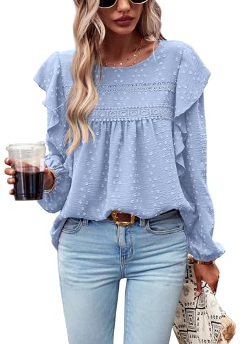 PRETTYGARDEN Women's Long Sleeve Blouses Ruffle Swiss Dot Crochet Loose Fit 2025 Fall Fashion Tunic Dressy Casual Tops (Sky Blue, S)