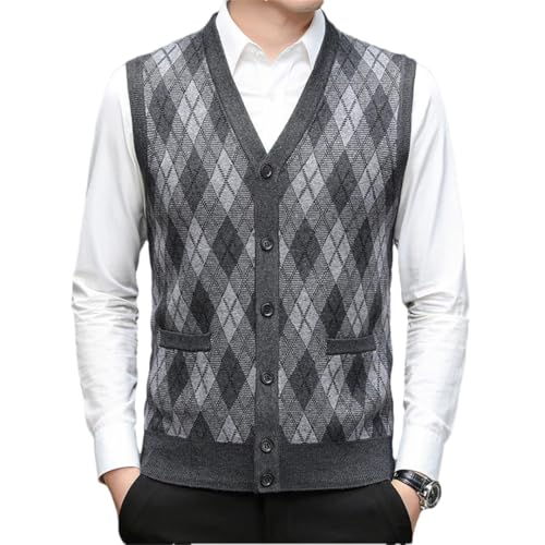 Men Wool Knit Sleeveless Buttons Down Cardigan V Neck Basic Thick For Winter Argyle Retro Vest