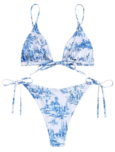 Image of ZAFUL Women's Triangle Bikini Floral String Bikini Set Two Piece Swimsuit Bathing Suits