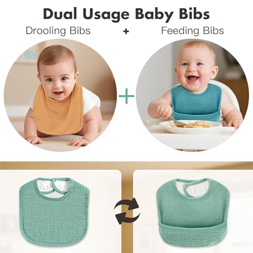 Dual Usage Baby Bibs for Drooling and Teething, 4 Pack Muslin Baby Drool Bibs for Boys & Girls with Hidden Pocket, Soft Cotton, Extra Absorbent, Mess-proof, for Toddler, Newborn, Infant2
