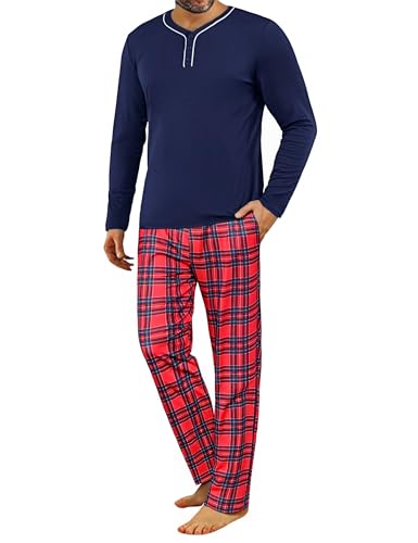 Demegimi Pijama Hombre Invierno Algodon Manga Larga Conjunto de Pijamas a Cuadros Ropa de Dormir Talla Grande