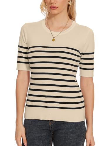 Image of Spicy Sandia Women's Long Sleeve Crewneck Sweaters with Dressy Cuff | Striped or Solid Available, Dressy Casual, Classic, Lightweight, For Office Work, Business Casual Outfits