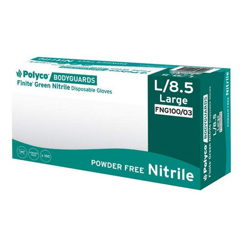 Caja de 100 Polyco guardaespaldas FNG100 verde guantes desechables de nitrilo sin polvo 1,5, Large 8.5