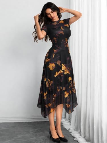 Image of GothDark Women Summer Wedding Guest Floral Mesh Irregular Hem Midi Dress | A-Line, Short Sleeve, Sheer Mesh Overlay, Elegant Vintage Dresses For Party, Semi Formal, Vacation, Dinner, Church
