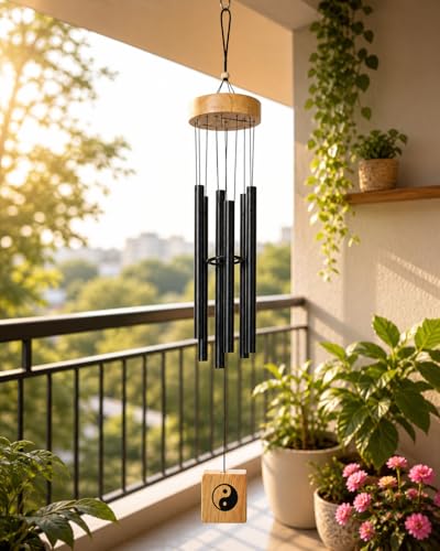 Image of GJ Premium Wooden Wind Chimes for Home & Office | 7 Pipe Metal Rod Wind Chimes with Wooden Top 16-24 CM Tubes | Soothing Sound, Positive Energy for Balcony, Entrance & Garden (Black1)