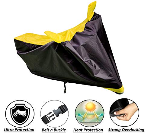 Image of Auto Hub Bike Cover Compatible with Hero Hf Deluxe with Mirror Pocket, Dustproof, Heat Resistant, Triple Stitched, Hf Deluxe Bike Cover- Black, Yellow