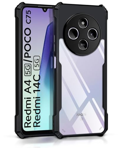 WOW IMAGINE Shock Proof Clear Protective Back Case for Redmi A4 5G | Poco C75 5G | Redmi 14C 5G – AirEDGE Technology | 360 Degree Camera Protection | Transparent Hybrid Back Case Mobile Cover – Black- Best and cheap mobile covers in India