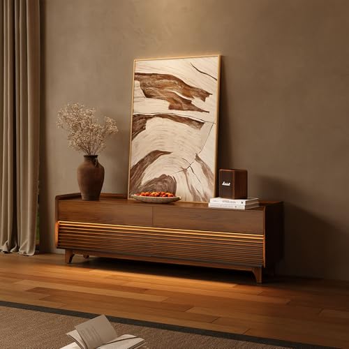 Image of POVISON Fully-Assembled Mid Century Modern TV Stand with Legs, Wood Media Console with Adjustable LED Light, Entertainment Center with Storage for Living Room