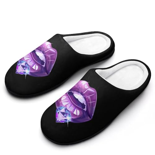 Purple Design Lips Diamond Mens Slippers Casual Slip On Warm House Shoes with Rubber Sole Indoor Outdoor 11-12?44-45?
