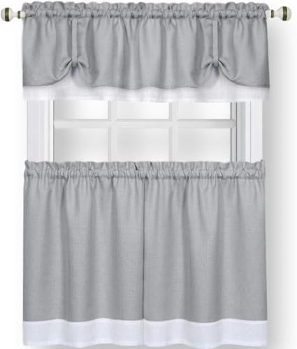 ACHIM Darcy (Grey/White) Tier and Valance Window Curtain Set - 58 Inch Width, 24 Inch Length - Light Filtering Drapes for Kitchen, Bedroom, Living & Dining Room Home Decor