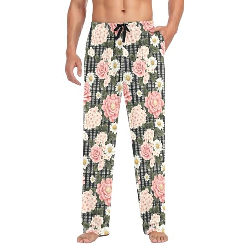 Men's Pink Roses Daisies Pajama Pants with Pockets - Straight Fit Cotton Sleep Bottoms for Lounge & Nightwear#141
