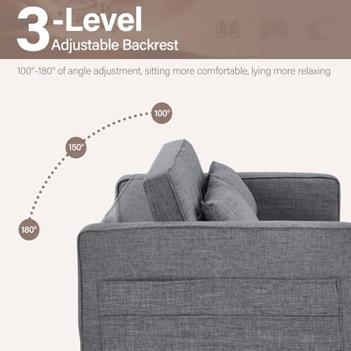 Image of HAOMARKETS 3 in 1 Convertible Sleeper Sofa Bed, Loveseat Chaise Lounge with Pullout Bed, 2-Seater Futon Couches with Storage Pockets, 3-Level Adjustable Backrest and Pillows for Living Room, Dark Grey