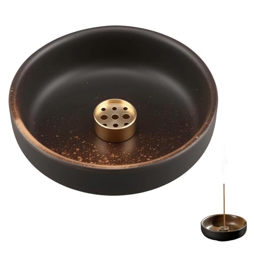 Ceramic Incense Holder with Iron Rust Glaze, Handmade Incense Burner for Sticks and Candles, Round Aroma Bowl 7.5cm for Home and Meditation Spaces