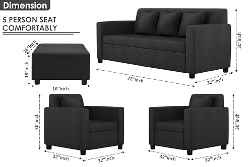 Image of 3+1+1 Seater Sofa Set with Ottoman -Modern Velvet Fabric Sofa Set for Living Room, Deep Seating Comfort with Cushions (Black)