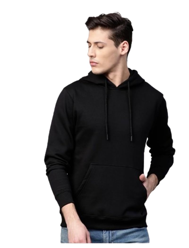 treasure look Men's Solid Black Hooded Sweatshirt | Casual Pullover Hoodie with Kangaroo Pocket-picture-19