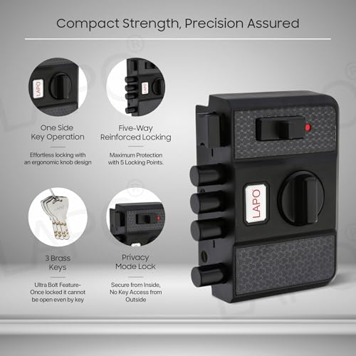 Image of LAPO Penta Lock with Keyed Entry, 4-Bolt Security, Privacy Lock & Large Interior Knob - for Single, Double & Sliding Doors, Left or Right-Handed, Black Finish,3 Years Warranty