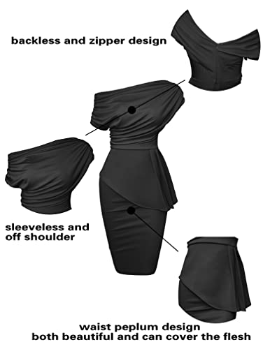 Ymduch Women's Vintage Sleeveless Peplum Bodycon Party Pencil Midi Dress Black #TOP6