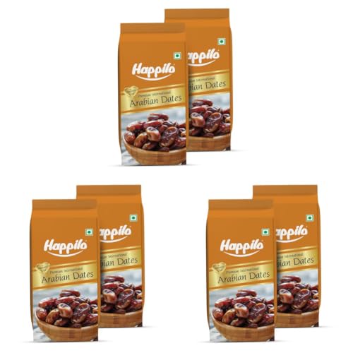 Image of Happilo Premium Arabian Dates Pouch 500 g (Pack of 6) | Arab Khajur or Khajoor | 100% Naturally Dried | No added Preservatives | Vitamins & Minerals Rich | Soft Chewy Texture & Sweet Caramel Taste