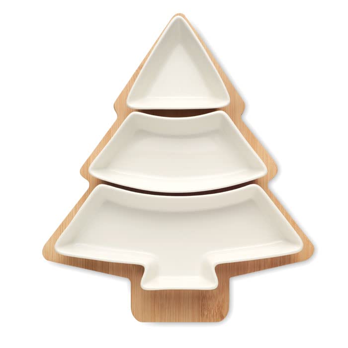 noTrash2003 Weihnachtliche Snackschale Tapas Dreiteilig Dipschale in Tannenbaum Form aus Keramik mit Holz 30 x 26 x 4 cm