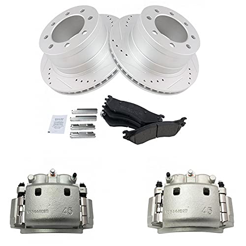 Image of TRQ Rear Performance Brake Pad, Caliper, & Rotor Kit Ceramic Vented Premium G-Coated Compatible with 2006-2008 Dodge Ram 1500 2003-2008 Ram 2500, 3500