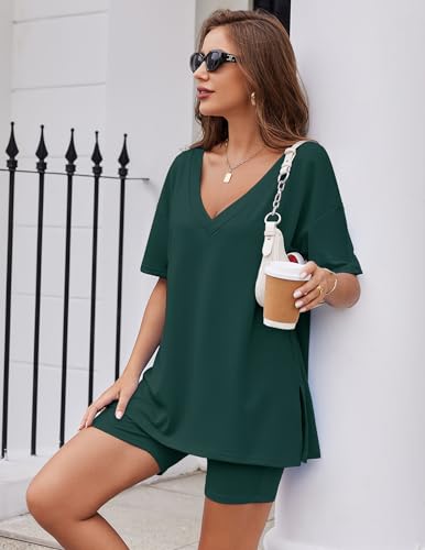 Image of Ekouaer Womens Pajamas 2 Piece Lounge Sets Oversized V Neck T-Shirts Tops Biker Shorts Set Workout Reversible Tracksuit S-XXL