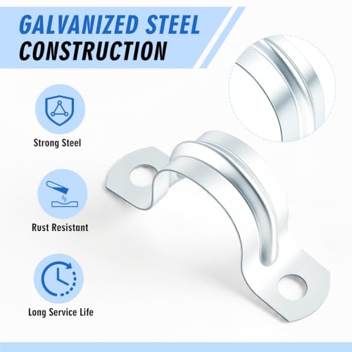 Image of Yaocom 100 Pcs 3 /4 inch Opening Pipe Strap, Galvanized Steel Conduit Clamp | U Bracket 2 Hole Mount for Pipe Fixing on Surfaces, Corrosion Resistant for Wall Ceiling, Heavy Duty Rigid Clamp Support