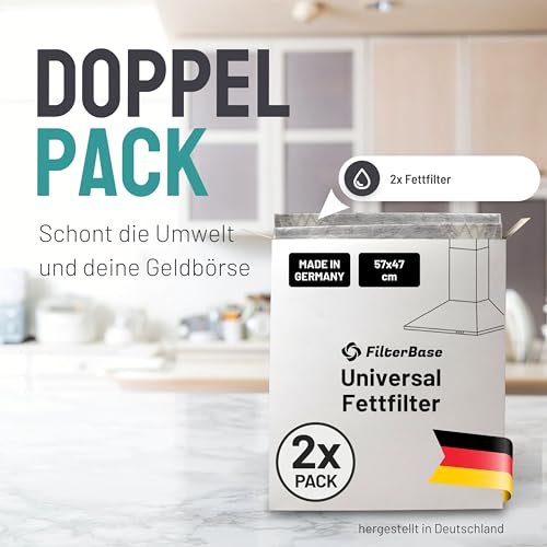 FilterBase® Universal Fettfilter Dunstabzugshaube | 2er Pack | Filter für Abzugshaube mit Sättingungsanzeige, kompostierbar, zuschneidbar 57x47 cm