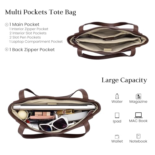 Image of befen Genuine Leather Tote Bag for Women Work Travel Leather Purse Handbags | Real Leather, Padded 14 inch Laptop Compartment, Multi-Pockets, Zipper, Tote Bag for Daily