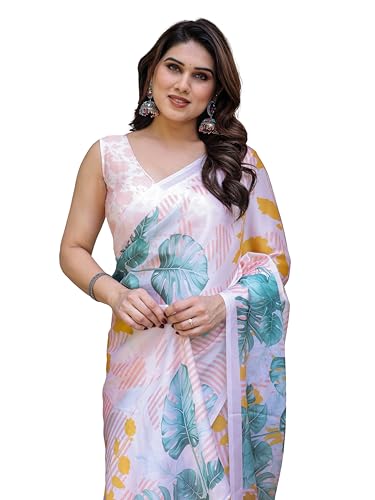 Image of ALMAARI FASHION Women's Floral Printed Georgette Satin Saree with Unstitched Blouse Piece | Traditional Ethnic Wear Sarees | Soft Lightweight Ethnic Office Wear Daily Wear Indian Sari (SG 181-190 SH)