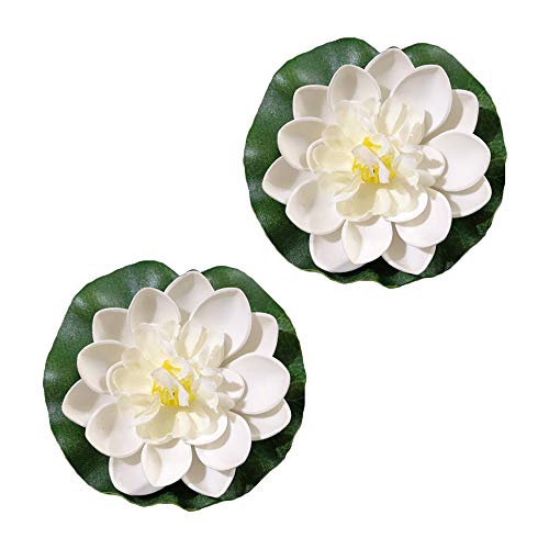 2pcs Artificial Floating Foam Lotus Flower Water Lily and and Lotus Leaves Pond Decor for Outdoor Garden Pond Night Lights Pool Decoration (White)