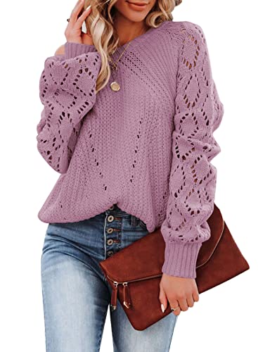 SHEWIN Women's Casual Long Sleeve Crewneck Crochet Sweater Lightweight Knit Pullover Sweaters Tops