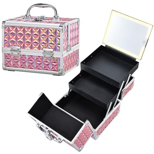 Faquenc Makeup Case with Lighted Mirror Travel Makeup Organizer Box Portable Lockable 2 Trays Cosmetic Train Case with LED Mirror for Girls Make up Nail Kits Sewing Vanity Storage Case, Shiny Pink