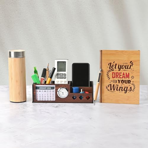 Image of GKD Desk Organizer with Wooden Diary, Bamboo Pen & Bottle, 2026 Calendar, Clock, and 4 Compartments - Elegant Wooden corporate Gift Table Organizer for Office and Home Use (Combo 2)