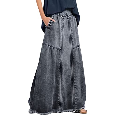 Falda de mezclilla larga lavada con botones y cremallera para mujer, longitud completa, acampanada, falda larga de mezclilla lavada con dobladillo dividido, Z4-gris, Large