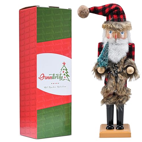 Ornativity Christmas Nostalgic Santa Nutcracker – Red and Black Wooden Nut Cracker Santa Clause Man with Buffalo Brown Fur Plaid Coat Holding a Xmas Tree Themed Holiday Doll Figure Decorations 15\"