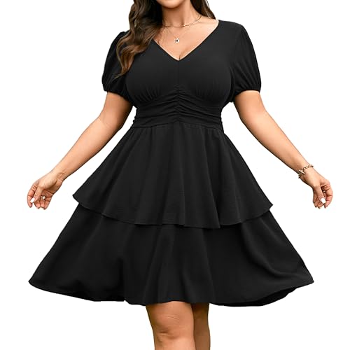 RWJ Plus Size Dresses for Curvy Women Summer2026 V Neck Short Sleeve Elastic Waist Wedding Guest Layer Casual Mini Dress Spring Beach Vacation Black XX-Large
