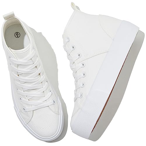 Women High Top Sneakers White Platform Sneakers,Canvas High Tops Fashion Shoes For Walking,Black Casual Lace Up Tennis Shoes(Comfortable,Breathable,Stylish)(White,Us7) #TOP14