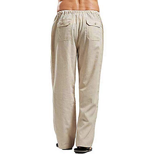 Pantalones de lino para hombre, color sólido, pantalones de descanso de pierna recta, pantalones delanteros planos, cintura elástica, pantalones de color liso, pantalones de playa para vacaciones,
