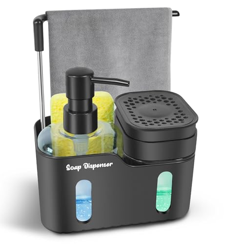 Set doppio di dispenser di sapone per lavello da cucina, dispenser di sapone 4 in 1 per mani e piatti con supporto per spugna, portaspazzole e gancio per strofinacci, design rimovibile e antiscivolo
