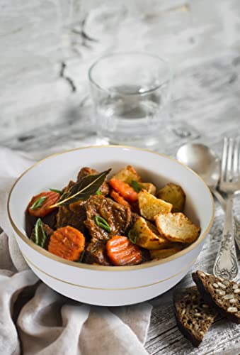 Qoutique Bone China Decorated Deep Bowl Set - 32 Ounce - Set Of 6, Large Cereal Bowl Set, For Soups And Salads, Serving Bowls, Large Capacity, Microwave & Dishwasher Safe, Gold Rim #TOP6