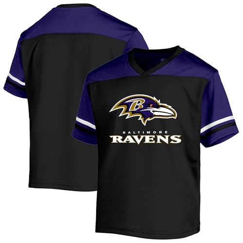 NFL Kids Youth 8-20 Officially Licensed Team Color V-Neck Wordmark Performance Primary Logo Jersey T-Shirt (Baltimore Ravens Black, 14-16)